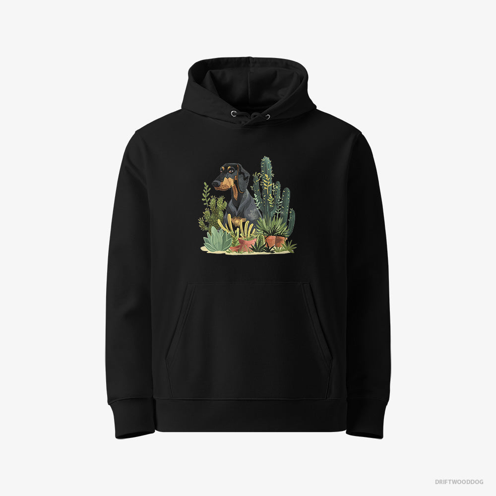 Dobermann Hoodie – Women Black Hoodie Eco-Friendly – Among Houseplants (on White Background)