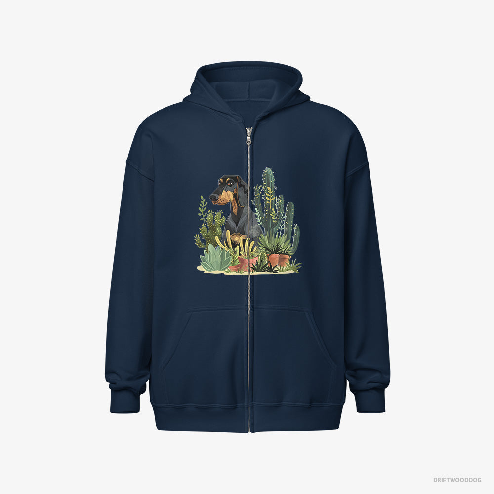 Dobermann Hoodie – Men Navy Hoodie Full-Zip – Among Houseplants (on White Background)