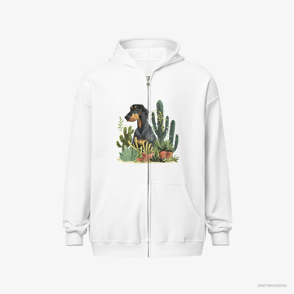 Dobermann Hoodie – Women White Hoodie Full-Zip – Among Houseplants (on White Background)