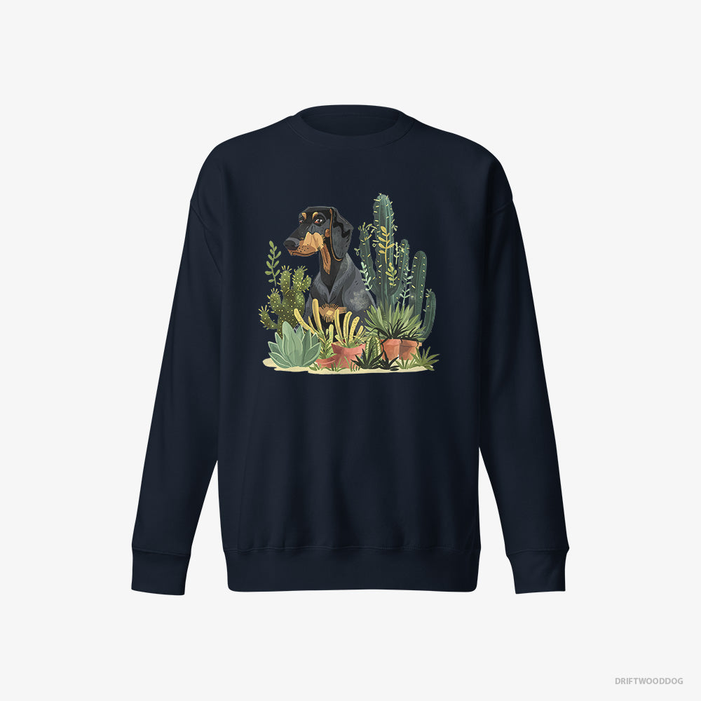 Dobermann Sweatshirt – Men Navy Sweatshirt Eco-Friendly – Among Houseplants (on White Background)