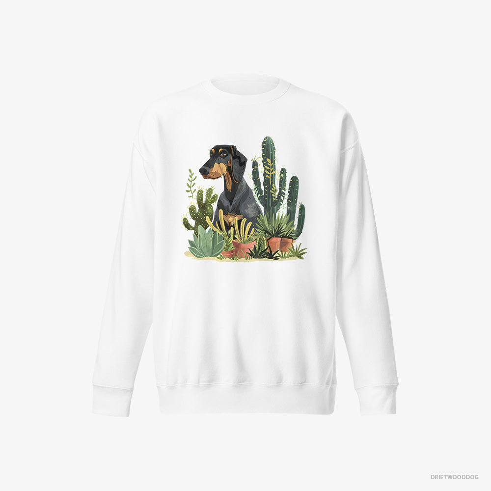 Dobermann Sweatshirt – Women White Sweatshirt Eco-Friendly – Among Houseplants (on White Background)