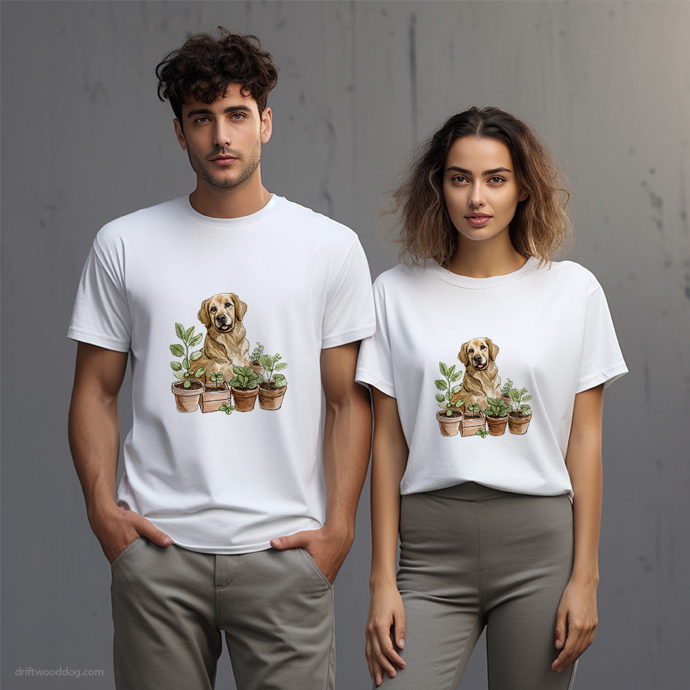 Golden Retriever Guarding the Indoor Garden T-Shirt – Unisex T-Shirt for Dog Lovers 