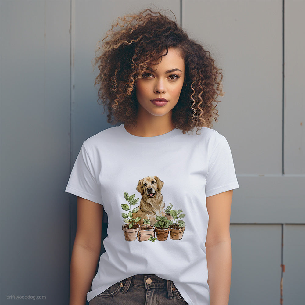 Golden Retriever Guarding the Indoor Garden T-Shirt – Dog T-Shirt for Women