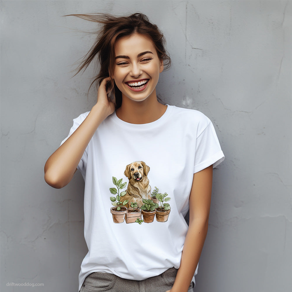 Golden Retriever Guarding the Indoor Garden T-Shirt – Custom Dog T-Shirts for Women