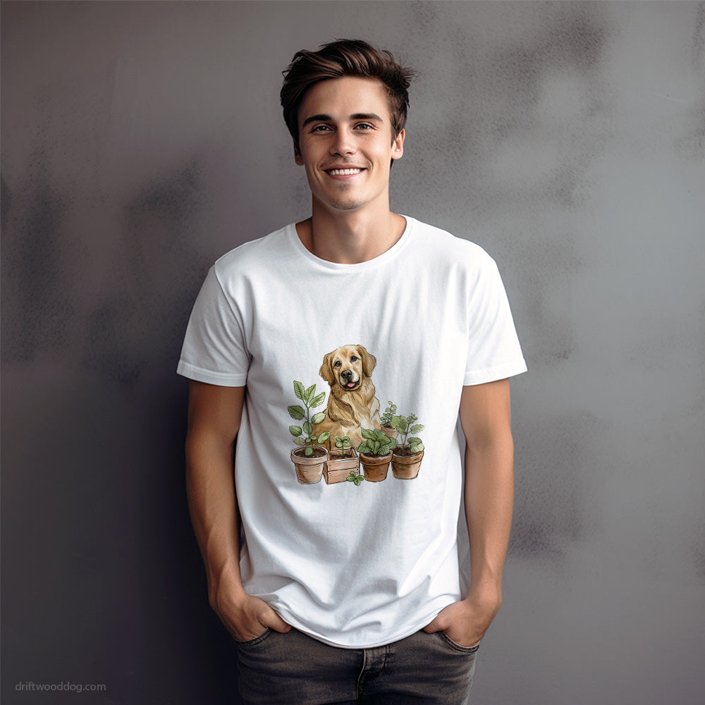 Golden Retriever Guarding the Indoor Garden T-Shirt – Dog Graphic Tee for Men