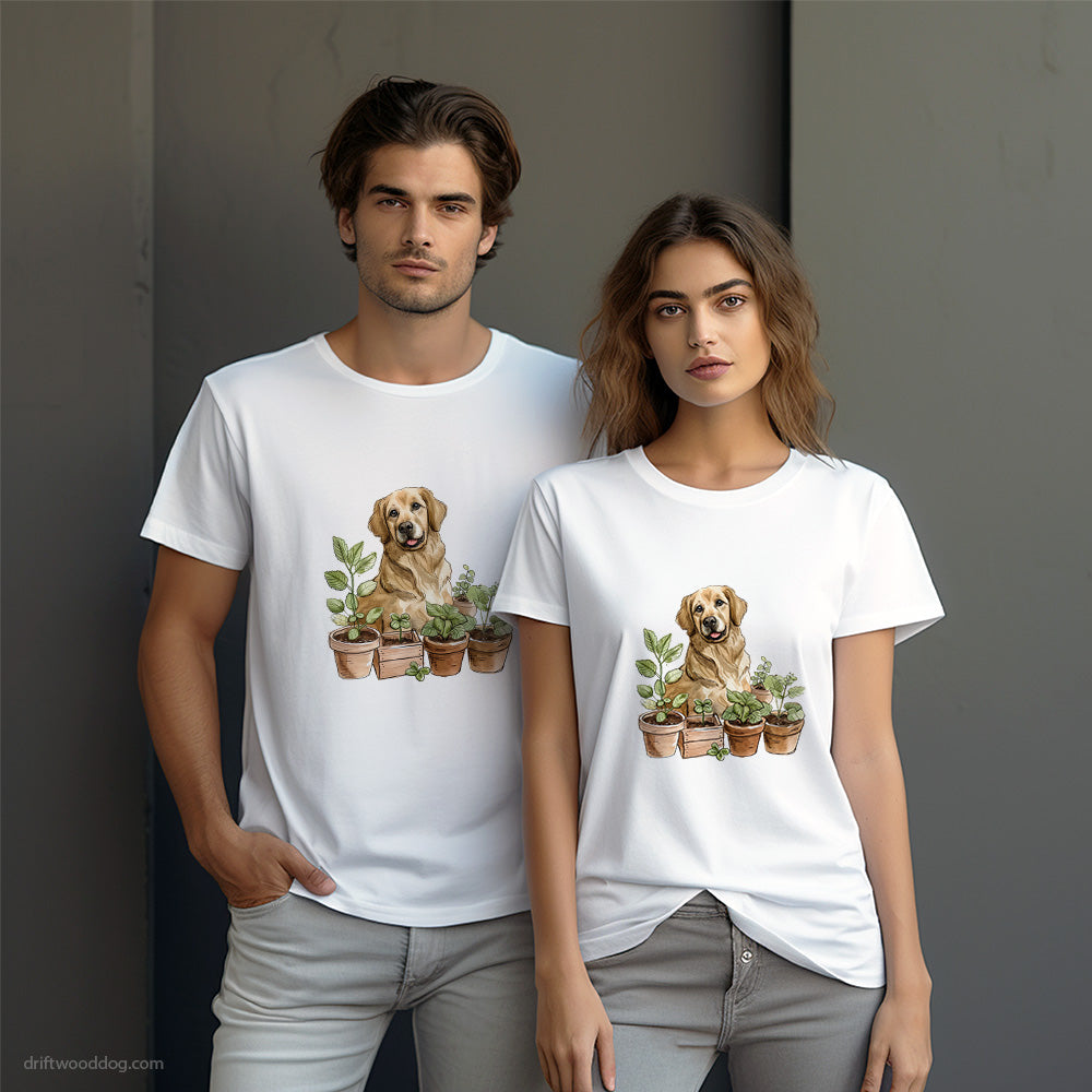 Golden Retriever Guarding the Indoor Garden T-Shirt – Dog-Themed Gifts for Dog Lovers