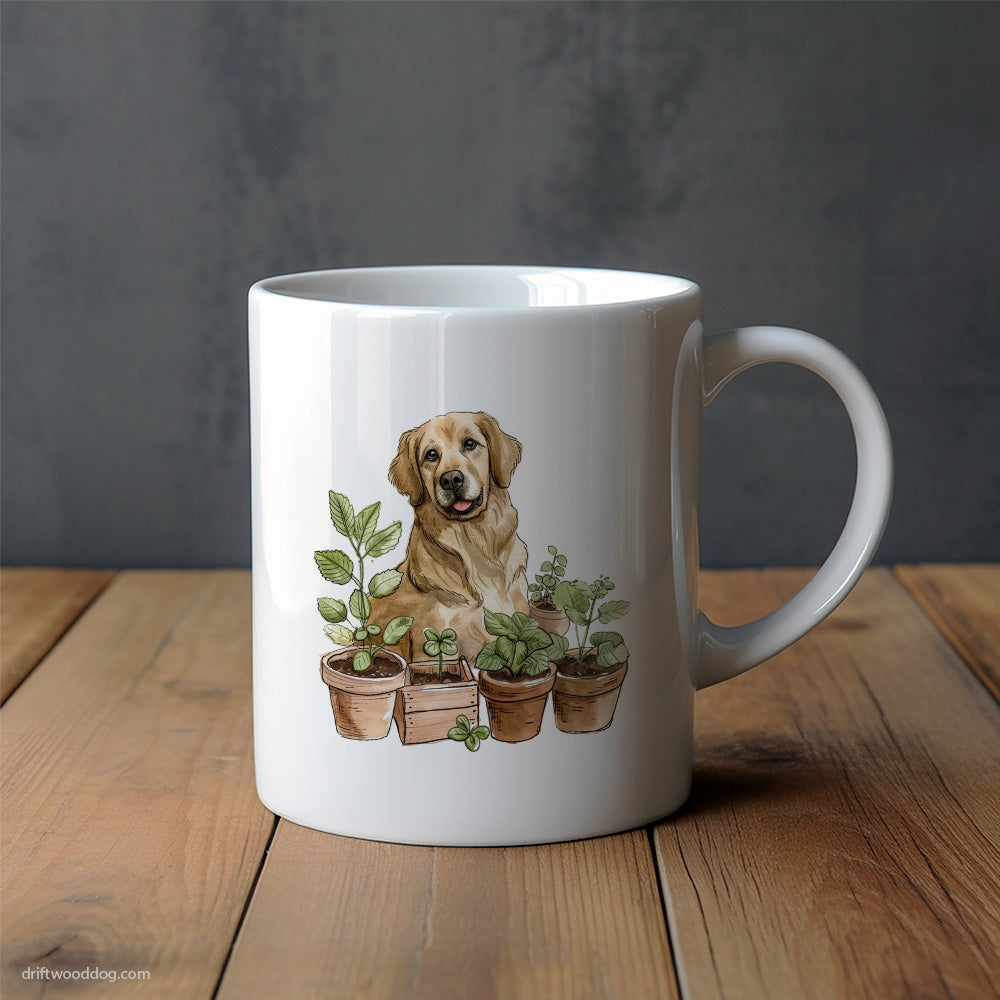 Golden Retriever Guarding the Indoor Garden Mug – Unique Dog Cups | Dog-Themed Mugs