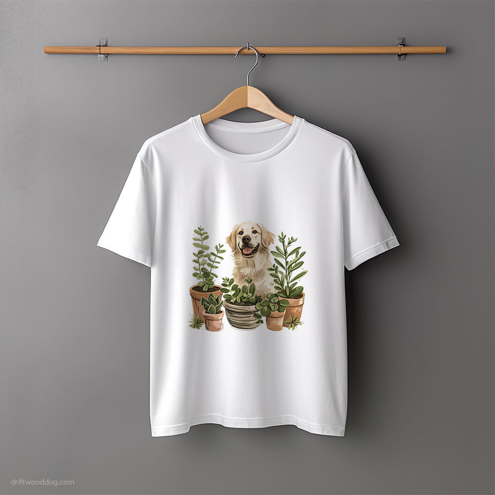 Golden Retriever Enjoying the Indoor Garden T-Shirt – Unisex Tee for Dog Lovers