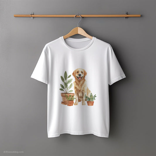 Golden Retriever Admiring the Potted Flowers T-Shirt – Unisex Tee for Dog Lovers