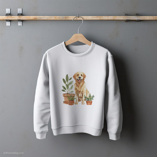 Golden Retriever Admiring the Potted Flowers Sweatshirt – Unisex Sweatshirt for Dog Lovers