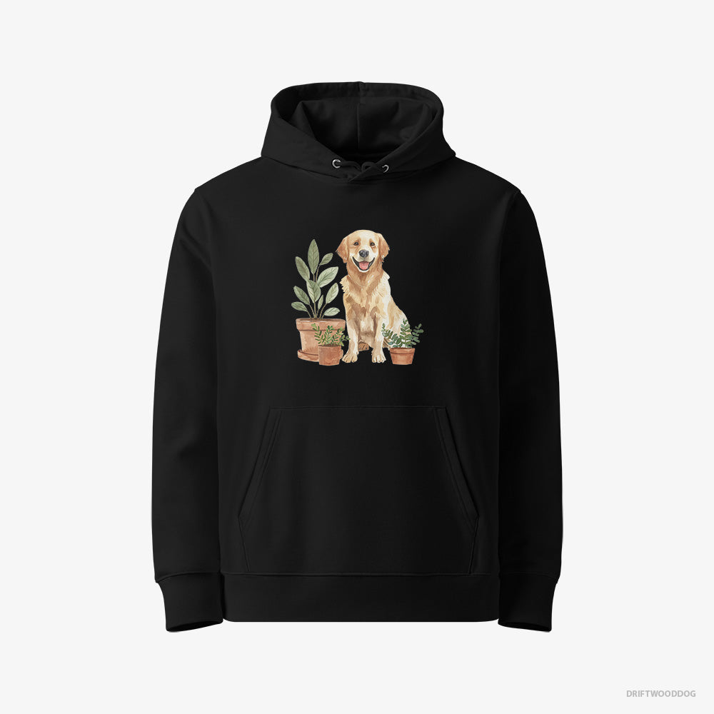 Golden Retriever Hoodie – Women Black Hoodie Eco-Friendly – Admiring the Potted Flowers (on White Background)