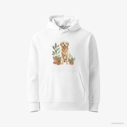 Golden Retriever Hoodie – Men White Hoodie Eco-Friendly – Admiring the Potted Flowers (on White Background)