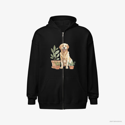 Golden Retriever Admiring the Potted Flowers Black Hoodie