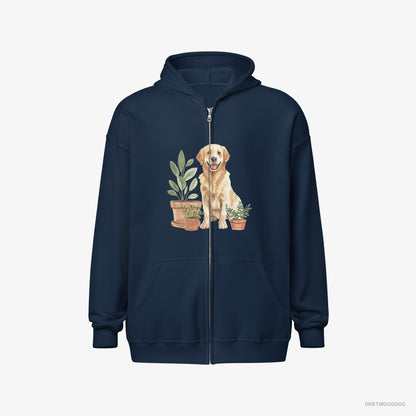 Golden Retriever Hoodie – Men Navy Hoodie Full-Zip – Admiring the Potted Flowers (on White Background)