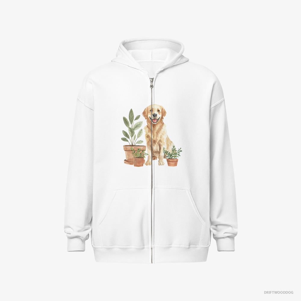 Golden Retriever Hoodie – Women White Hoodie Full-Zip – Admiring the Potted Flowers (on White Background)