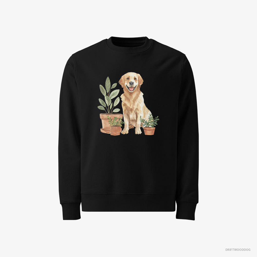 Golden Retriever Sweatshirt – Men Black Sweatshirt Classic – Admiring the Potted Flowers (on White Background)