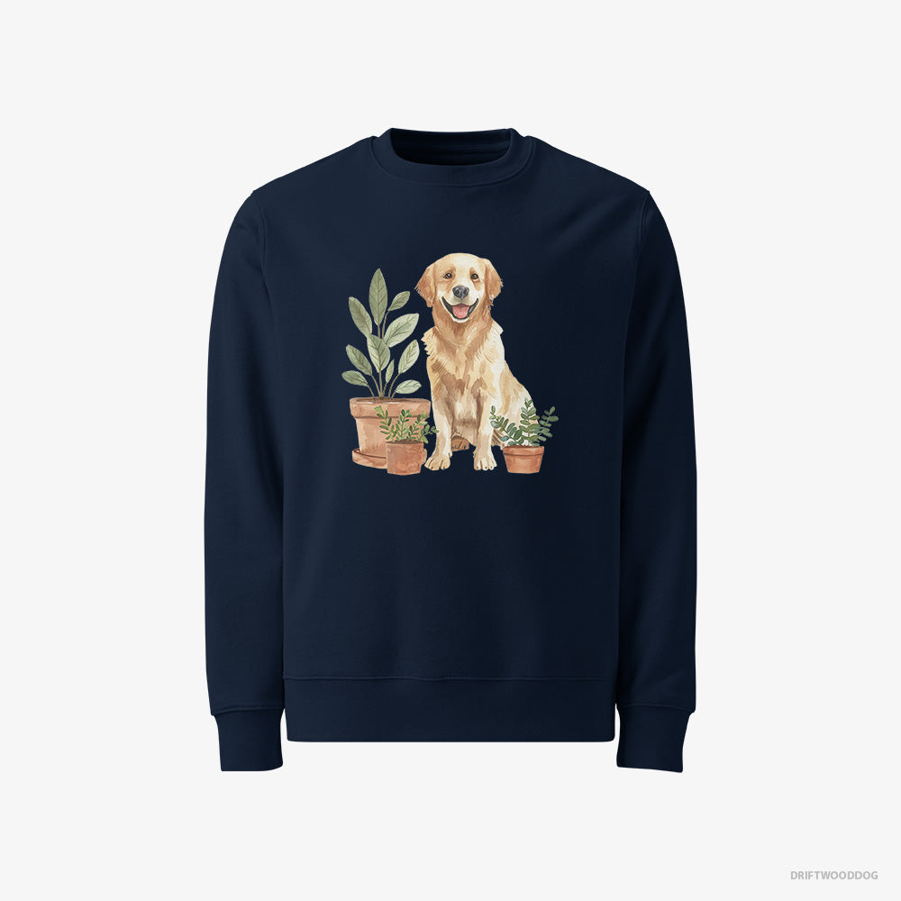 Golden Retriever Sweatshirt – Women Navy Sweatshirt Classic – Admiring the Potted Flowers (on White Background)