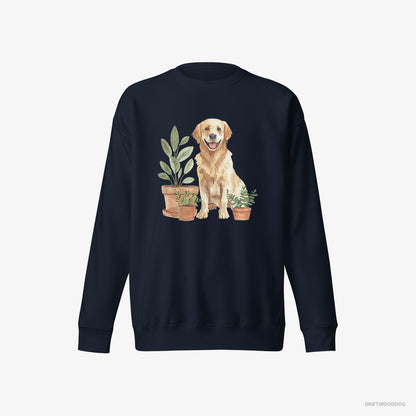 Golden Retriever Sweatshirt – Women Navy Sweatshirt Eco-Friendly – Admiring the Potted Flowers (on White Background)