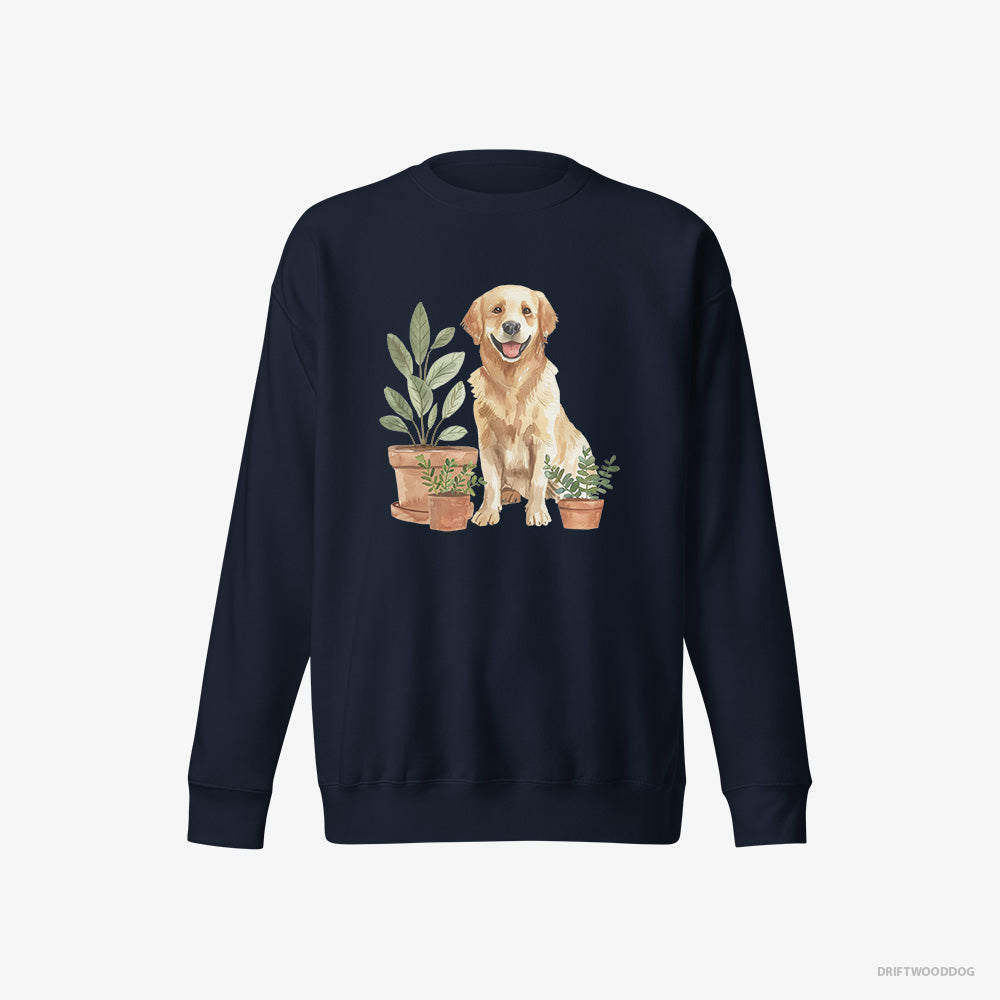 Golden Retriever Admiring the Potted Flowers – Women's Sweatshirt Navy Eco – Eco-Friendly