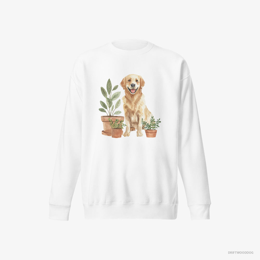 Golden Retriever Sweatshirt – Women White Sweatshirt Eco-Friendly – Admiring the Potted Flowers (on White Background)