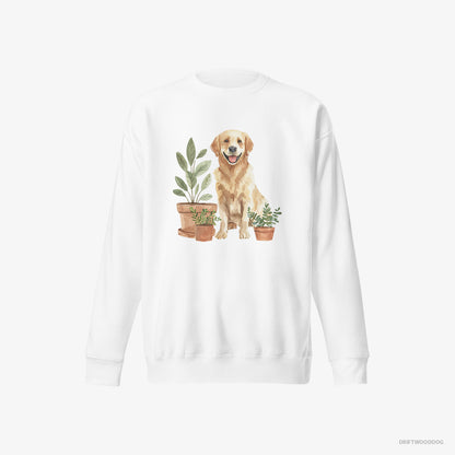 Golden Retriever Admiring the Potted Flowers White Sweatshirt