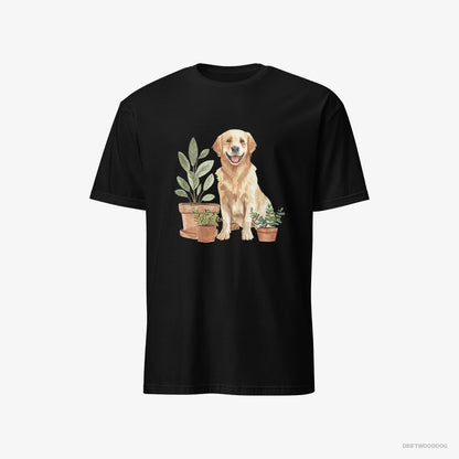 Golden Retriever Admiring the Potted Flowers Black T-Shirt