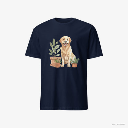 Golden Retriever T-Shirt – Men Navy T-Shirt Classic – Admiring the Potted Flowers (on White Background)