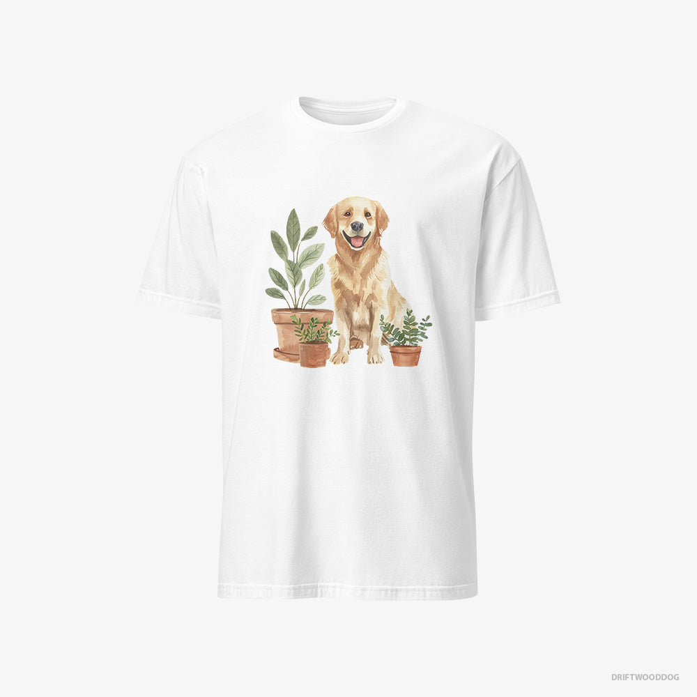 Golden Retriever T-Shirt – Men White T-Shirt Classic – Admiring the Potted Flowers (on White Background)