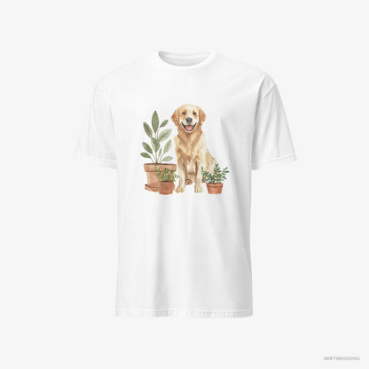 Golden Retriever Admiring the Potted Flowers White T-Shirt