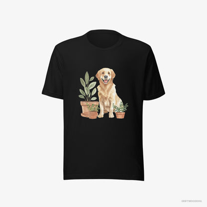 Golden Retriever Admiring the Potted Flowers Black T-Shirt