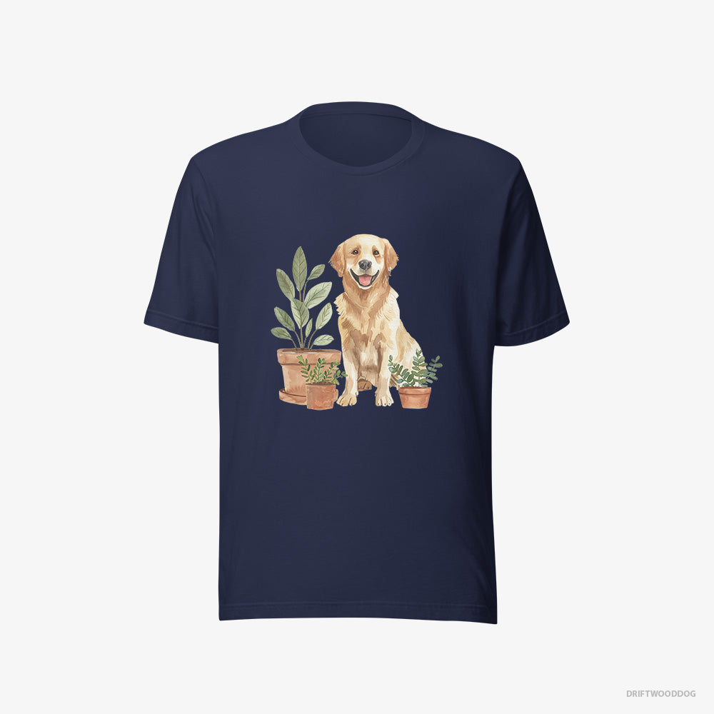 Golden Retriever T-Shirt – Men Navy T-Shirt Eco-Friendly – Admiring the Potted Flowers (on White Background)