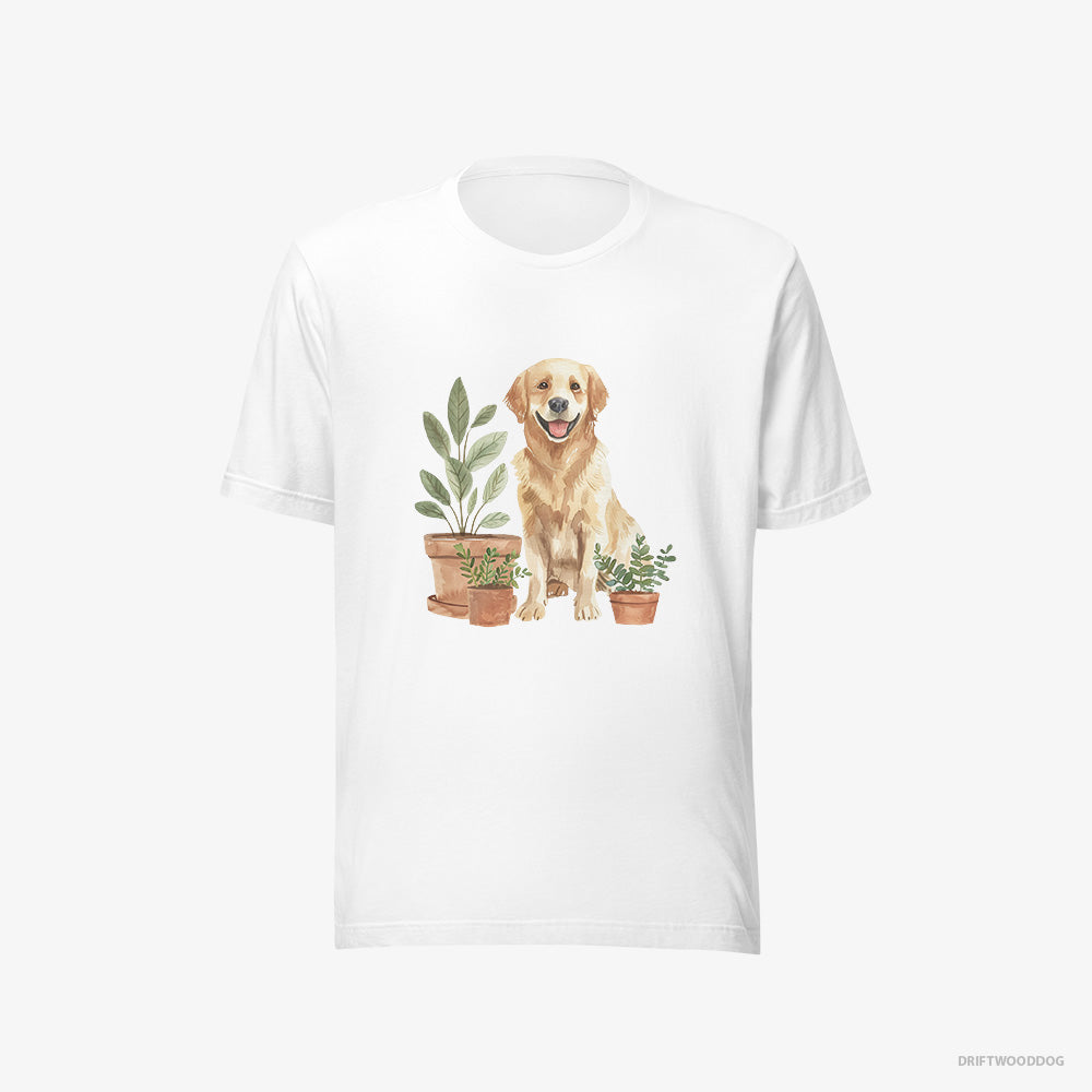 Golden Retriever T-Shirt – Women White T-Shirt Eco-Friendly – Admiring the Potted Flowers (on White Background)