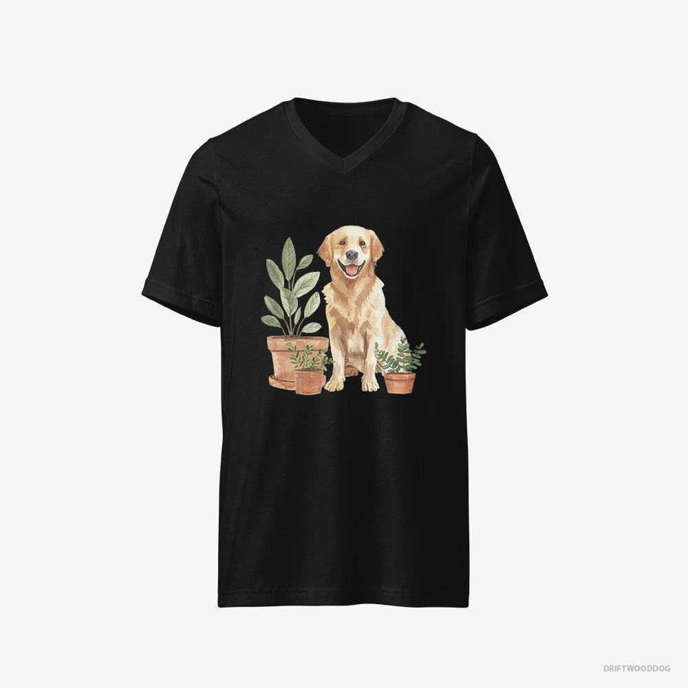 Golden Retriever T-Shirt – Men Black T-Shirt V-Neck – Admiring the Potted Flowers (on White Background)