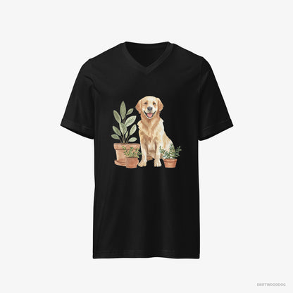 Golden Retriever T-Shirt – Men Black T-Shirt V-Neck – Admiring the Potted Flowers (on White Background)