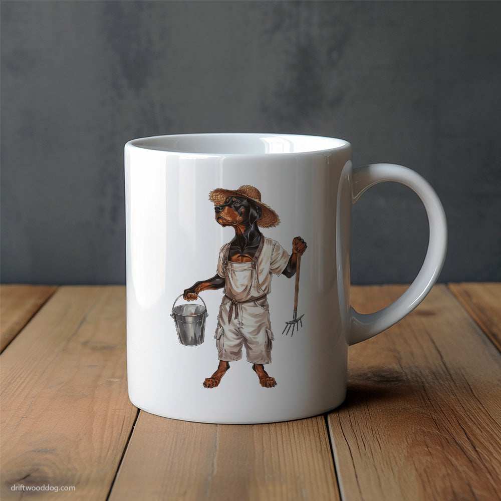 Dobermann Dressed as a Farmer Mug – Unique Dog Cups | Dog-Themed Mugs