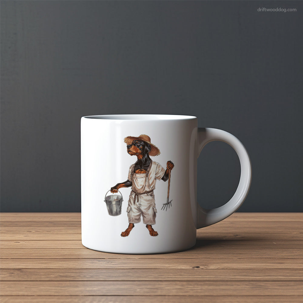 Dobermann Dressed as a Farmer Mug – Custom Dog Mugs | Personalized Pet Mugs