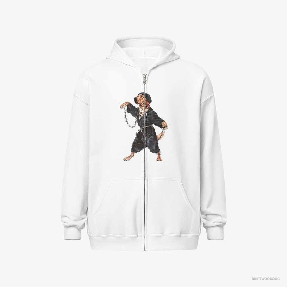 Golden Retriever Hoodie – Men White Hoodie Full-Zip – Grooving to Techno (on White Background)