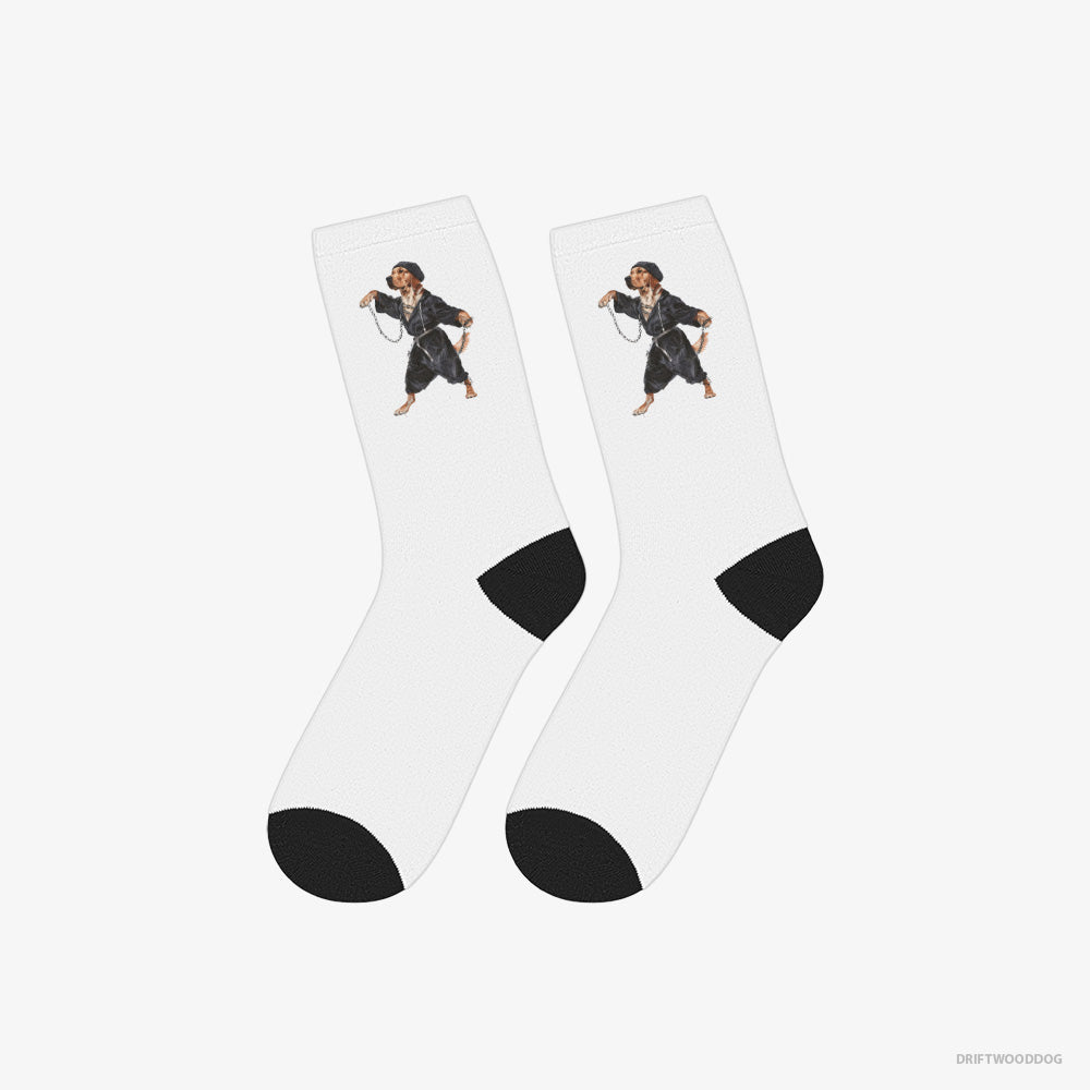 Golden Retriever Socks – Unisex White Socks Classic – Grooving to Techno (on White Background)