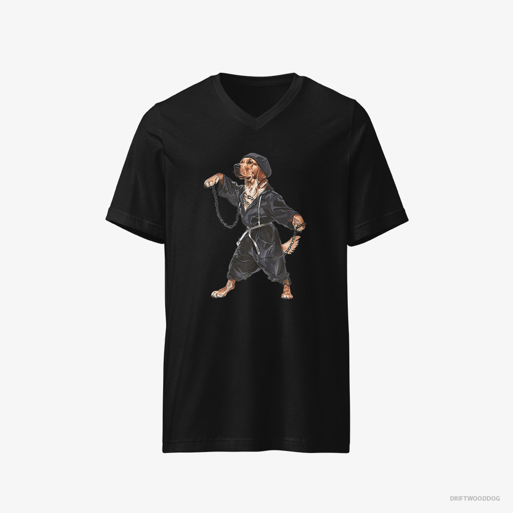 Golden Retriever T-Shirt – Men Black T-Shirt V-Neck – Grooving to Techno (on White Background)