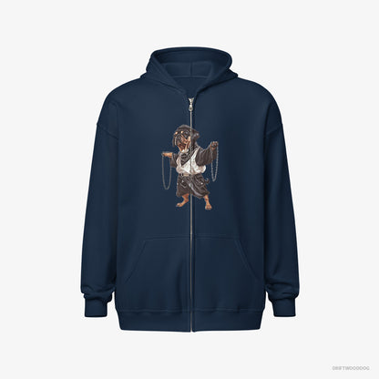 Pug Hoodie – Women Navy Hoodie Full-Zip – Spinning in Chains (on White Background)