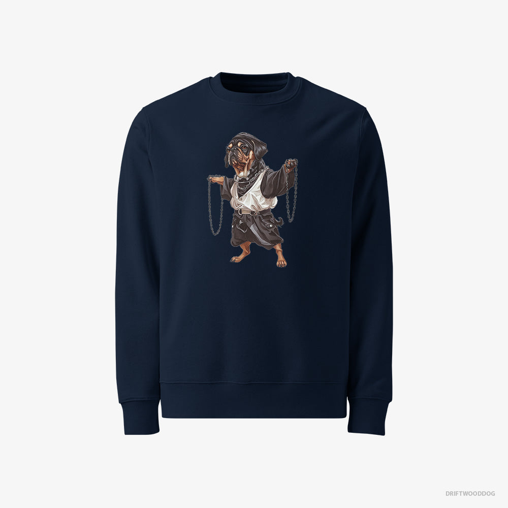 Pug Sweatshirt – Men Navy Sweatshirt Classic – Spinning in Chains (on White Background)