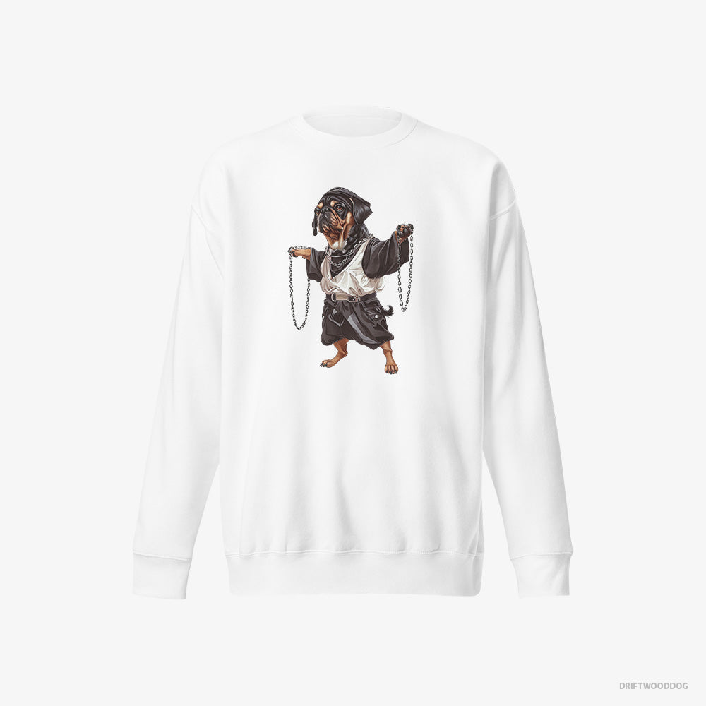 Pug Sweatshirt – Men White Sweatshirt Eco-Friendly – Spinning in Chains (on White Background)