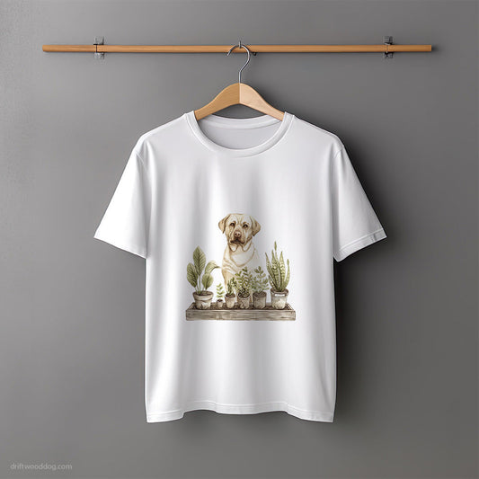 Labrador Retriever Watching Over Potted Plants T-Shirt – Unisex Tee for Dog Lovers