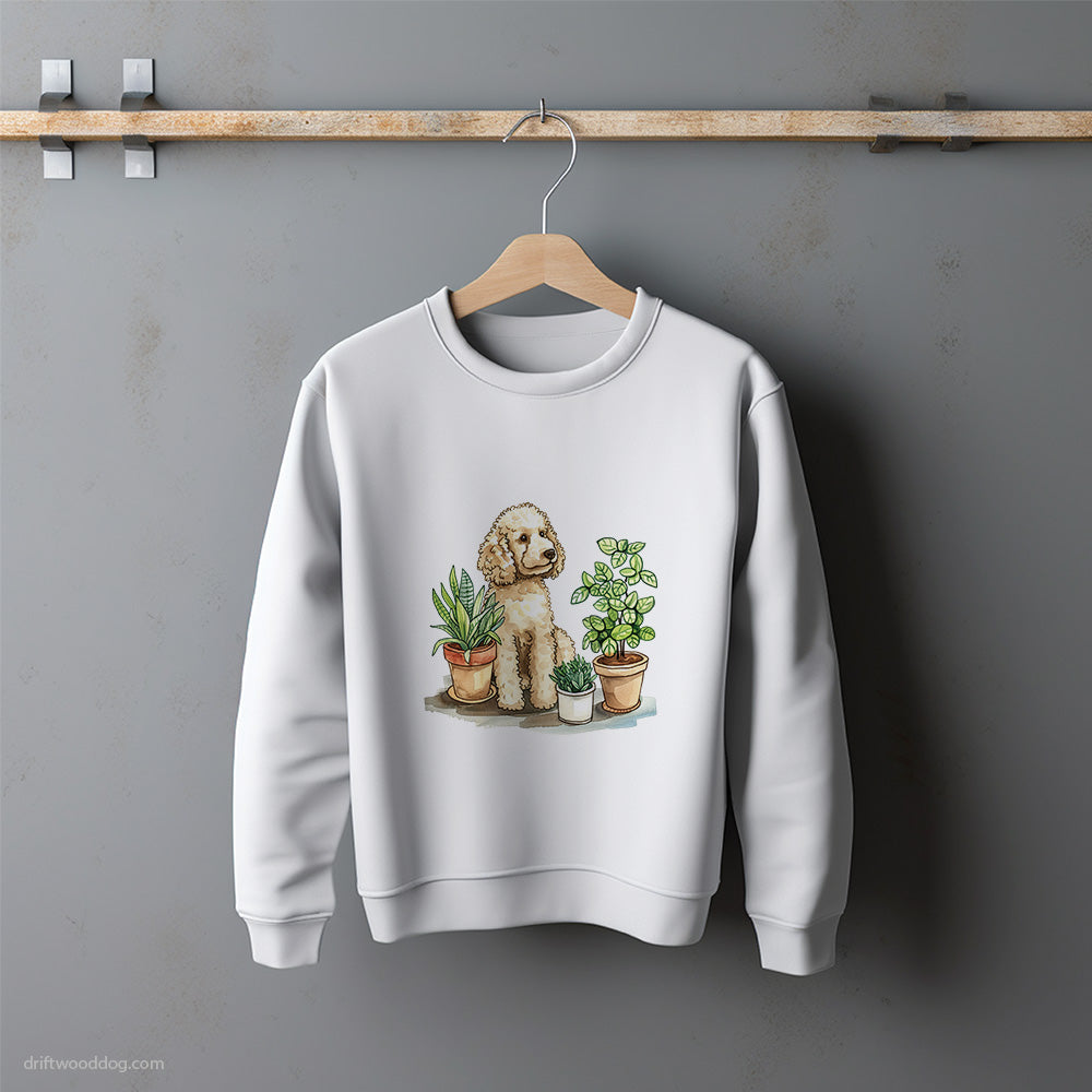 Poodle Watching Over Potted Plants Sweatshirt – Unisex Sweatshirt for Dog Lovers