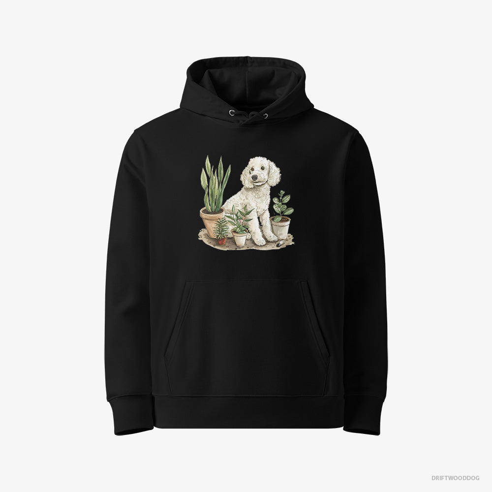 Poodle Hoodie – Women Black Hoodie Eco-Friendly – Among the Indoor Plants (on White Background)