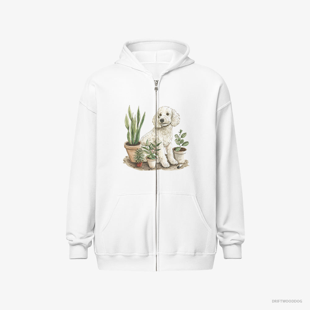 Poodle Hoodie – Women White Hoodie Full-Zip – Among the Indoor Plants (on White Background)