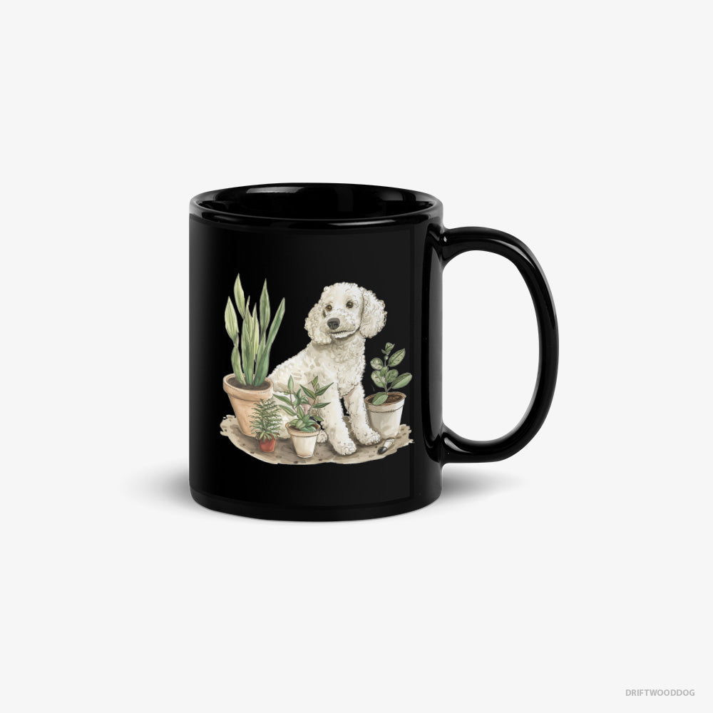 Poodle Mug – Unisex Black Mug Classic – Among the Indoor Plants (on White Background)