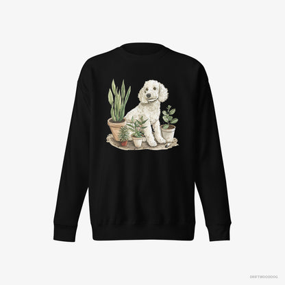 Poodle Sweatshirt – Men Black Sweatshirt Eco-Friendly – Among the Indoor Plants (on White Background)