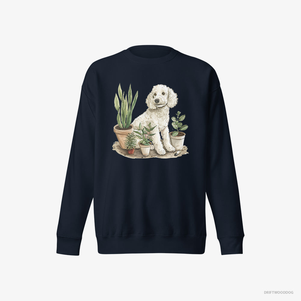 Poodle Sweatshirt – Women Navy Sweatshirt Eco-Friendly – Among the Indoor Plants (on White Background)