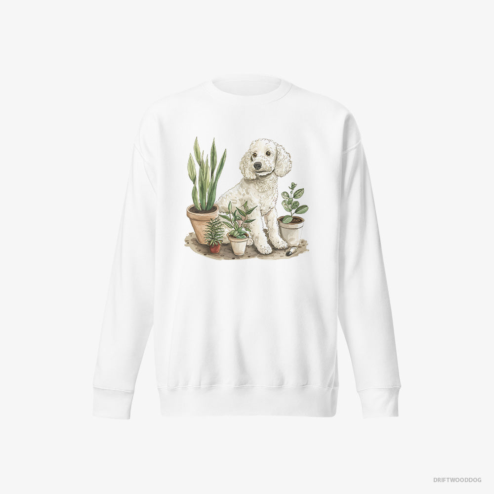 Poodle Sweatshirt – Men White Sweatshirt Eco-Friendly – Among the Indoor Plants (on White Background)